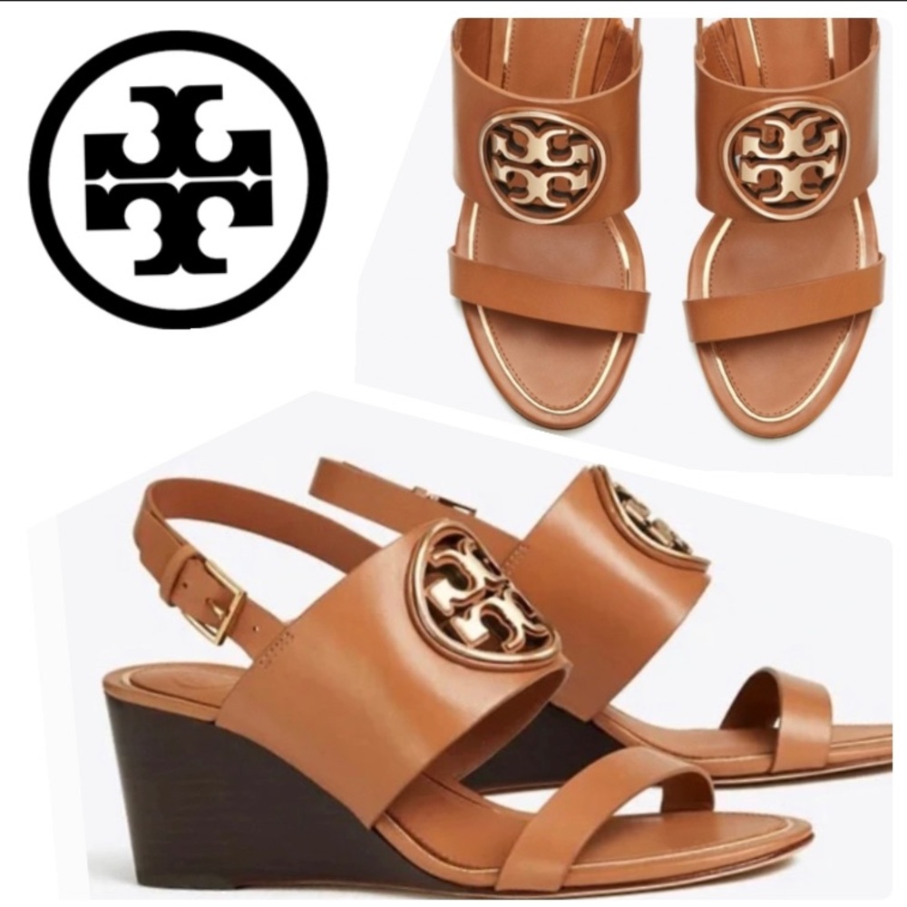 Tory Burch Women's Miller Tan/Rose Gold Metal Logo Wedges, Sandals